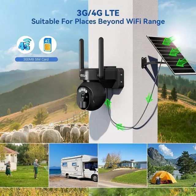 Alt view image 3 of 7 - Xega 4G LTE Security Camera No WiFi with SIM Card 2K Super HD Solar Powered Wireless Outdoor 4G Security Camera PIR Motion Sensor Night Vision 2 Way Talk Built in SIM Card