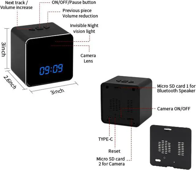 Alt view image 6 of 7 - Hidden Camera Bluetooth Speaker, 4K HD WiFi Hidden Camera Clock with Video Night Vision Motion Detection, Clock Camera Spy Cam, Hidden Cameras for Home Security Indoor