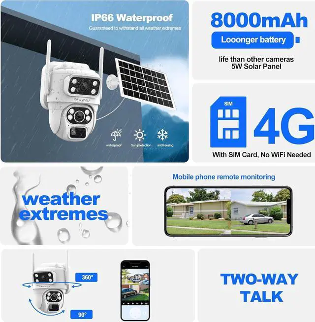 Alt view image 6 of 7 - 4G LTE Cellular Solar Security Camera Wireless Outdoor, 360° Dual Lens,3MP Cellular Security Camera 2K No WiFi Security Camera, PIR Motion Detection, Color Night Vision, 2-Way Talk, SIM Card Included