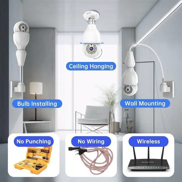 Alt view image 2 of 7 - EVERSECU HD 2K 3.0MP Wireless Lightbulb Security Camera with E27 Light Connector, Motion Auto Tracking PTZ, 2 Way Audio, Spotlight Night Vision, Free APP, WiFi Screw-in CCTV Camera, White(4pack)