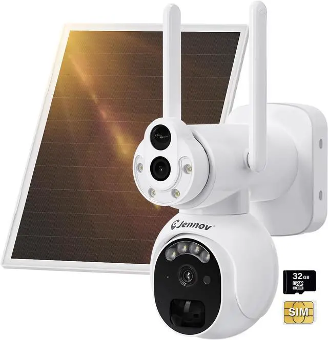 Main image of Jennov No WiFi Security Camera Wireless Outdoor, Dual Lens Linkage 4G Cellular Security Camera with Solar Panel, 360° View, Auto Tracking, PIR Detection, Color Night Vision, 300MB SIM Card