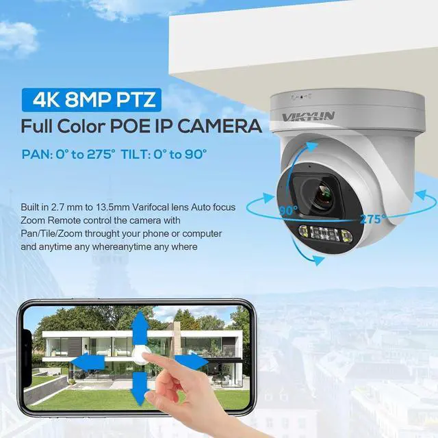 Alt view image 2 of 7 - VIKYLIN 4K 8MP POE IP PTZ Camera Outdoor,5X Optical Zoom 2.7~13.5mm Lens Full Color Night Vision,AI Human/Vehicle Detection, Spotlight&Sound Alarm,2- Way Audio,SD(512GB),IP67,NDAA Complaint
