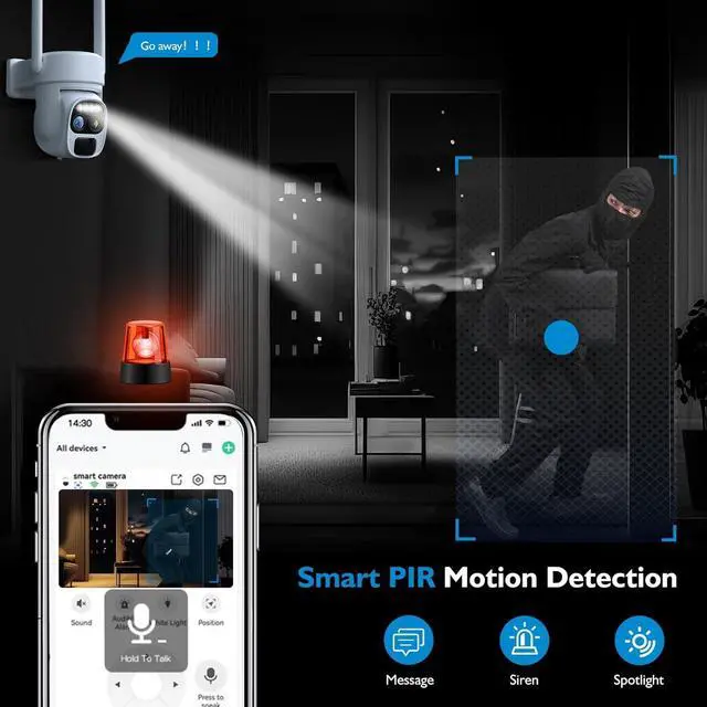 Alt view image 6 of 7 - Hawkray Solar Security Wireless Outdoor Camera,10X Zoom,2K Resolution 360° Pan Tilt Control,Two-Way Audio with Spotlight Siren PIR Motion Detection