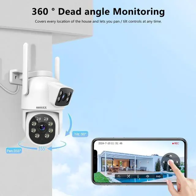 Alt view image 4 of 7 - OOSSXX (Dual Lens) Security Cameras Outdoor System,Wireless WiFi PTZ Camera for Home/House Surveillance,2-Way Audio/Video,Color Night Vision/Waterproof,Door Monitor and Alarm