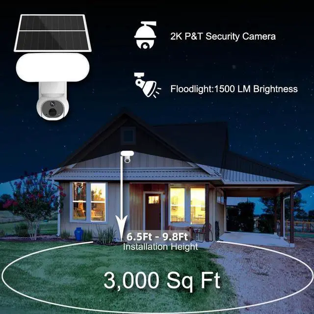 Alt view image 2 of 7 - Solar Floodlight Camera, Security Camera Wireless OutdoorInclud 64GB TF Card ),360°PTZ Surveillance Camera ,2K HD,2.4GHz WiFi Camera with Color Night Vision/PIR Sensor/2-Way Talk/Alexa IP65, 105dB