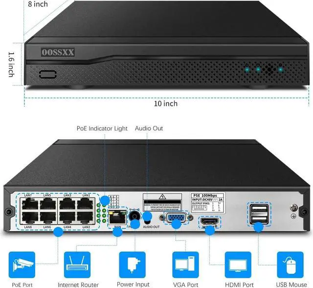Alt view image 2 of 7 - OOSSXX 8.0/4K Megapixel 8-Channel POE NVR Network Video Recorder, Supports up to 8 x 8MP/4K IP Cameras, Max 8 TB Hard Drive (HDD Not Included)