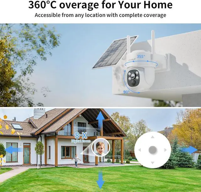 Alt view image 3 of 7 - Security Camera Wireless Outdoor, 4MP WLAN Solar Security Camera, Battery Powered 360°PTZ Surveillance Camera with Solar Panel, Color Night Vision/PIR Motion Detection/2.4GHz