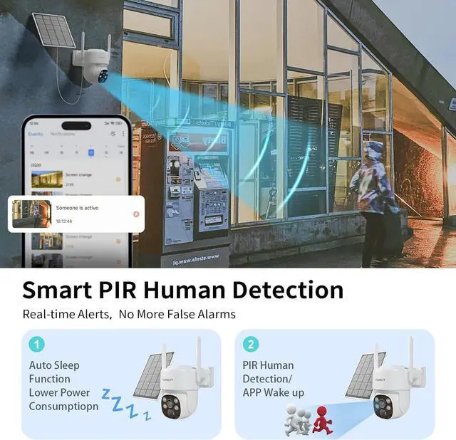 Alt view image 4 of 7 - Security Camera Wireless Outdoor, 4MP WLAN Solar Security Camera, Battery Powered 360°PTZ Surveillance Camera with Solar Panel, Color Night Vision/PIR Motion Detection/2.4GHz