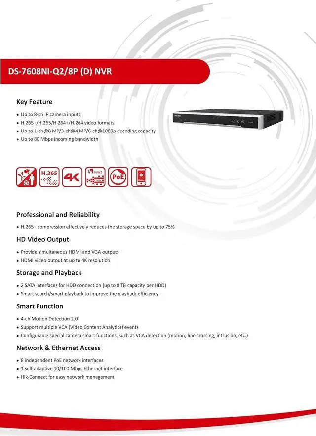 Alt view image 7 of 7 - DS-7608NI-Q2/8P H.265 8 Channel PoE 4K 8MP Network Video Recorder NVR, Plug & Play, International Original English Version, Compatible with Hik-Connect, Hard Drive Not Included