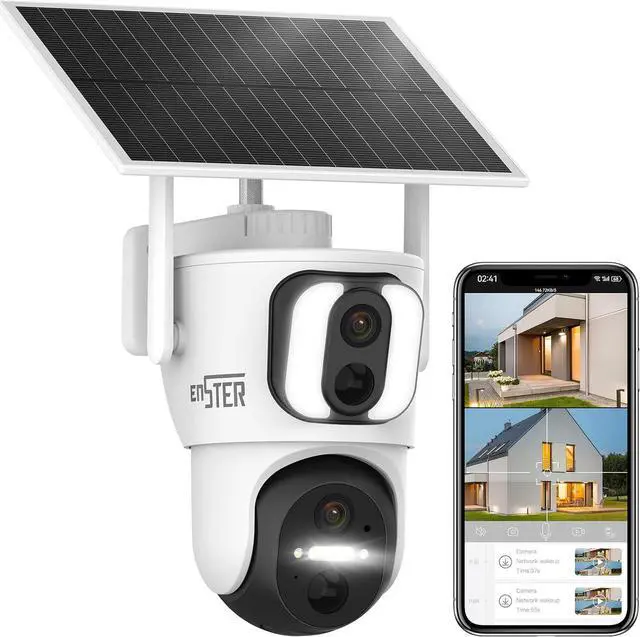 Main image of ENSTER 2K Solar Security Cameras Wireless Outdoor, Dual Lens Solar Cameras for Home Security Battery WiFi Camera Outside Surveillance Camera, 360° PTZ Camera with Floodlight Color Night Vision Sensor