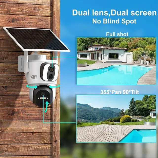Alt view image 2 of 7 - ENSTER 2K Solar Security Cameras Wireless Outdoor, Dual Lens Solar Cameras for Home Security Battery WiFi Camera Outside Surveillance Camera, 360° PTZ Camera with Floodlight Color Night Vision Sensor