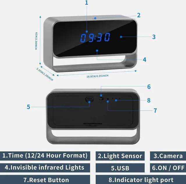 Alt view image 6 of 7 - Clock Camera with WiFi and Bluetooth, Full HD 1080P Wireless Indoor Security Camera
