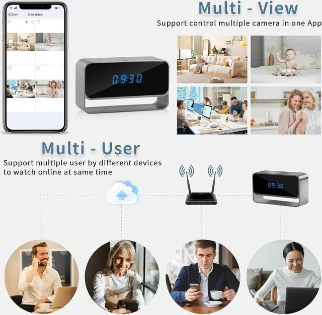 Alt view image 7 of 7 - Clock Camera with WiFi and Bluetooth, Full HD 1080P Wireless Indoor Security Camera