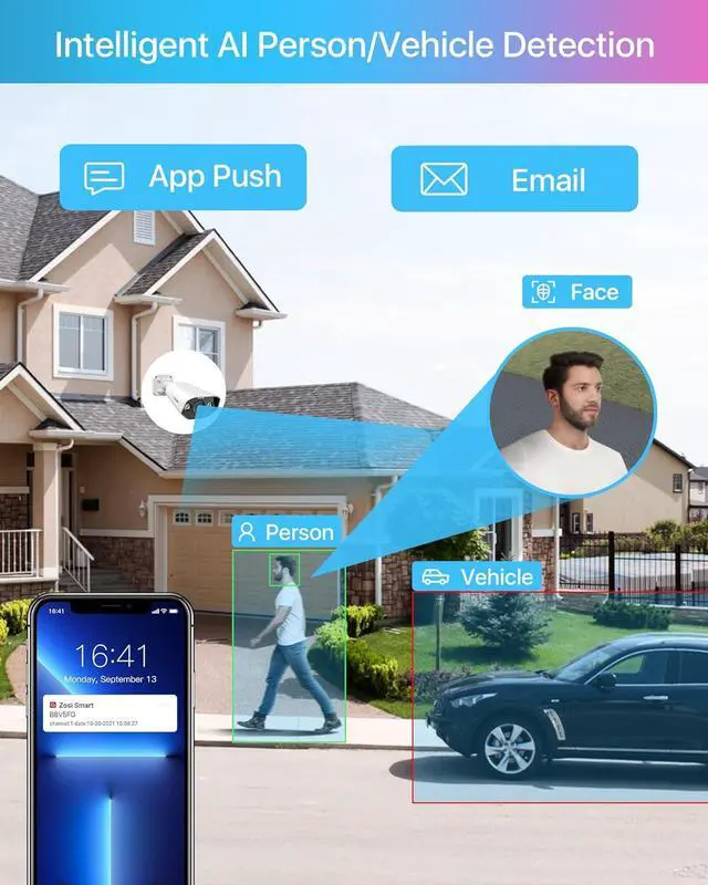 Alt view image 2 of 7 - Gadpiparty ZOSI 4K PoE Home Security Camera System,Person Vehicle Detection,Night Vision,Floodlight Siren,2 Way Audio,4pcs 8MP Outdoor Indoor PoE IP Cameras,8 Port 4K 16CH NVR with 2TB HDD for 24/7 R