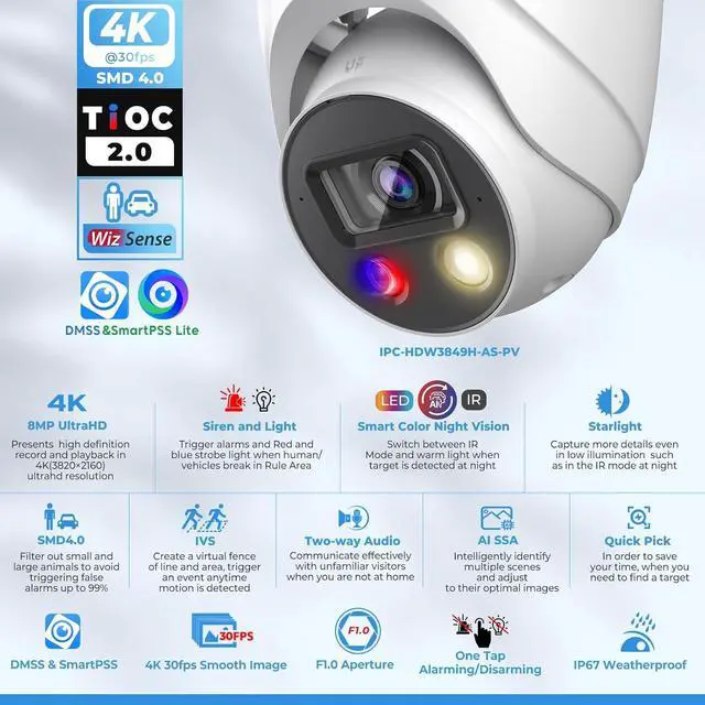 Alt view image 2 of 7 - UltraHD 8MP Outdoor IP POE Camera, DMSS APP, 4K @30fps, TiOC Active Deterrent, 98ft Dual IR Color Vision F1.0, Indoor Network Camera, SMD4.0, 2-Way Audio, Vehicle & Human Detection, IVS, IP67, AI SSA