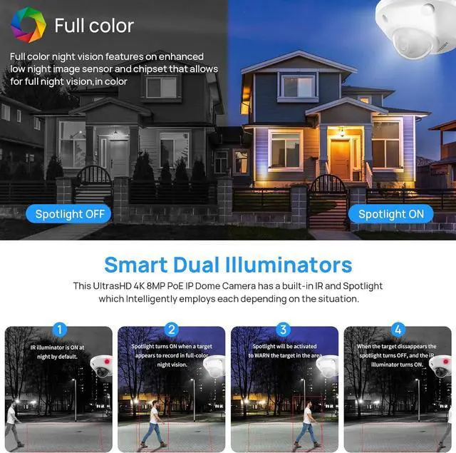Alt view image 3 of 7 - Gadpiparty VIKYLIN 8 Channel Security Camera System 2TB HDD, Full Function 4 x 4K 8MP Commercial Full Color Turret PoE IP Cameras, 98ft Full Color/IR Night Vision,Built-in Mic, Smart Dual Light, IP67
