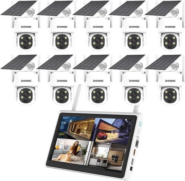 Main image of Gadpiparty PTZ Security Cameras Wireless Outdoor Solar Powered with 10 inch Monitor, 10CH 2K Wirefree Security Camera System with 10 Cameras Pan Tile 360 View Two Way Audio Colar Night Vision 64G Sto