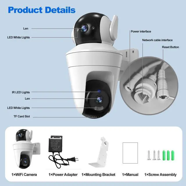 Alt view image 6 of 7 - 5MP Outdoor Security Camera Dual Lens, 2.4Ghz WiFi Camera for Home Security, 360°PTZ 2.5K Surveillance Camera with Motion Detection Tracking/2-Way Audio/Color Night Vision/Wired/Waterproof(White)