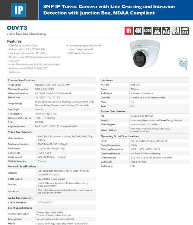 Alt view image 2 of 3 - Gadpiparty Speco-Technologies O8VT3 8MP 4K Network PoE Turret Dome IP Camera Outdoor Vandal Proof, 2.8mm Lens, 100ft Night Vision, H.265, IP67, Built-in Mic, Security IP Camera Compatible with Speco