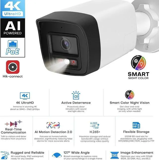 Alt view image 2 of 7 - 4K Outdoor Bullet PoE Camera - 8MP Active Deterrent IP Camera, Smart Color Night (98ft), 2-Way Audio, Human/Vehicle Detection, Full Metal IP67, 127° Wide Angle, 120dB WDR, Hik-Connect/SADP
