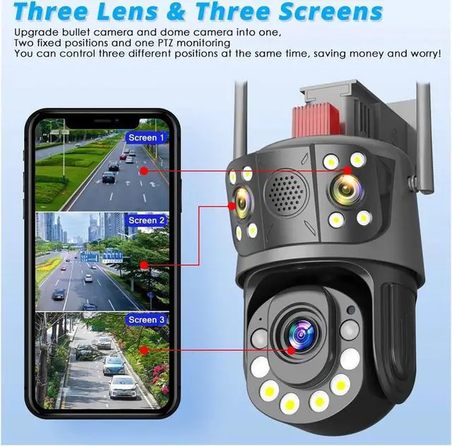 Alt view image 4 of 7 - 50x Optical Zoom Surveillance Camera WiFi 12MP 6K Three Screens Outdoor 360° Wireless Smart Video Security IP Cameras CCTV(E/U,12MP Add 128G Card)