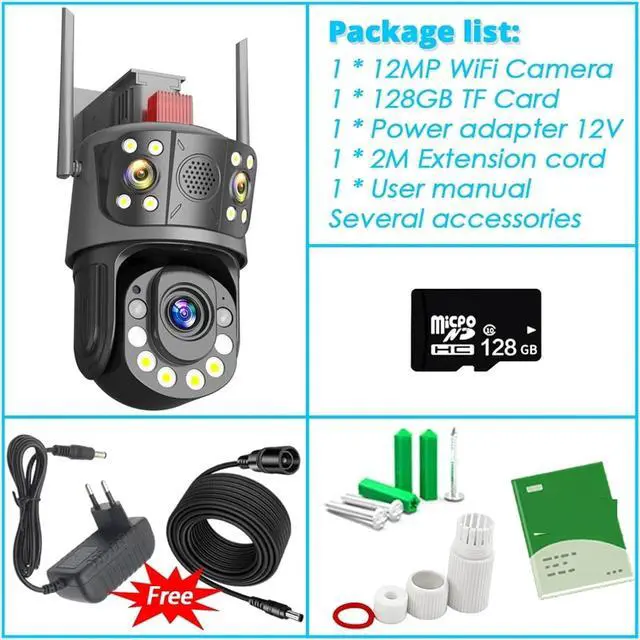 Alt view image 2 of 7 - 50x Optical Zoom Surveillance Camera WiFi 12MP 6K Three Screens Outdoor 360° Wireless Smart Video Security IP Cameras CCTV(E/U,12MP Add 128G Card)