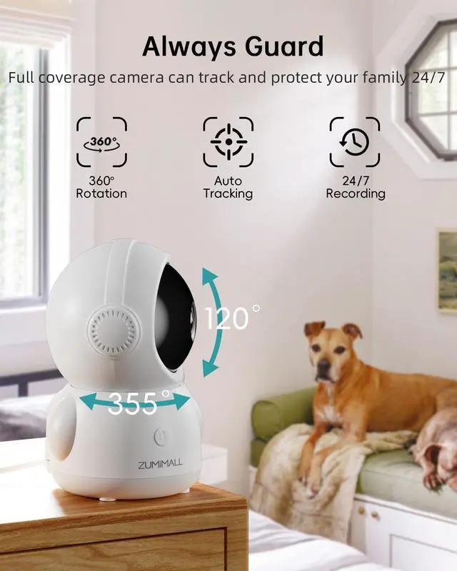 Alt view image 2 of 7 - ZUMIMALL 360° Indoor Security Camera, 3MP Baby Monitor Camera, 24/7 Recording Wired Security Camera,360° PTZ Security Cameras Wireless Outdoor