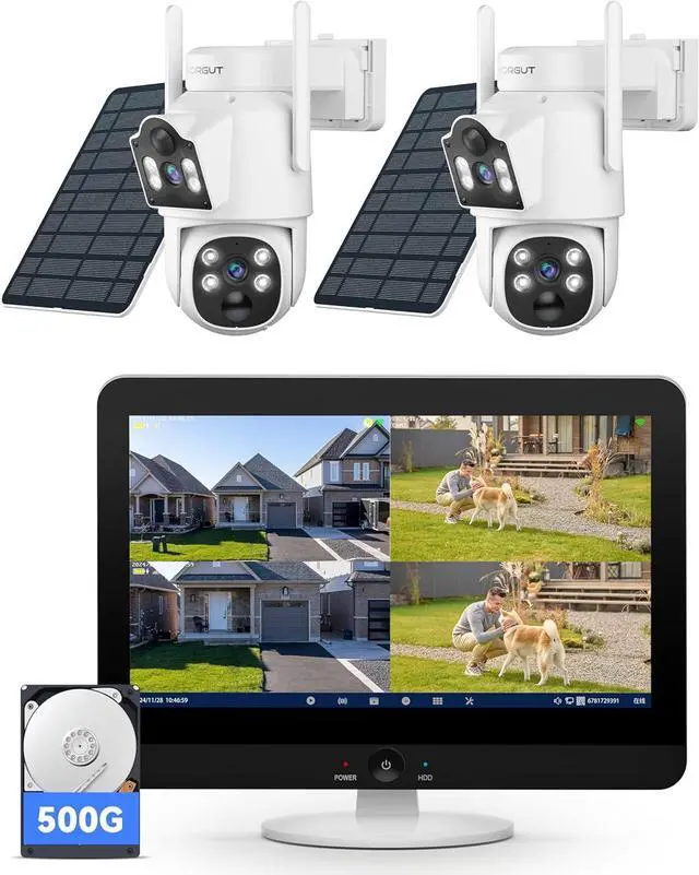 Main image of Gadpiparty Solar Security Camera System Wireless Outdoor, 2K Dual Lens (3MP+3MP) Home Security Camera System Outside, 2.4G/5G WiFi, 355° PTZ, Human Detection Alarm, 16CH 12'' Monitor NVR (500G HDD)