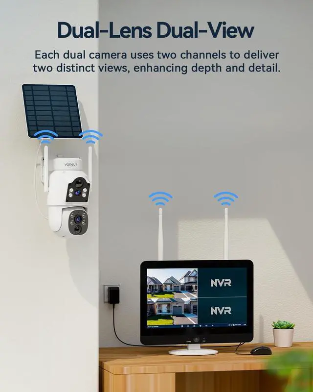 Alt view image 2 of 7 - Gadpiparty Solar Security Camera System Wireless Outdoor, 2K Dual Lens (3MP+3MP) Home Security Camera System Outside, 2.4G/5G WiFi, 355° PTZ, Human Detection Alarm, 16CH 12'' Monitor NVR (500G HDD)