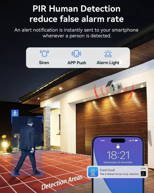 Alt view image 6 of 7 - Gadpiparty Solar Security Camera System Wireless Outdoor, 2K Dual Lens (3MP+3MP) Home Security Camera System Outside, 2.4G/5G WiFi, 355° PTZ, Human Detection Alarm, 16CH 12'' Monitor NVR (500G HDD)