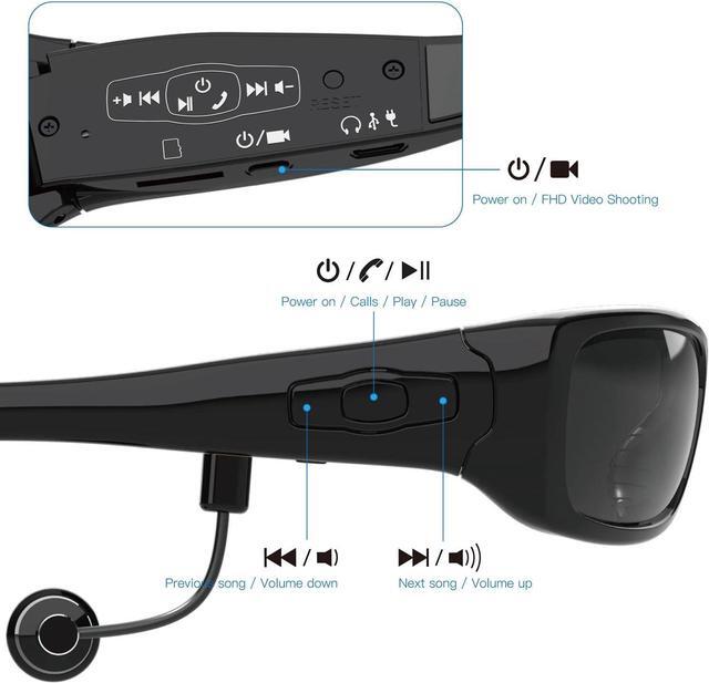 Alt view image 3 of 7 - Full HD 1080P Camera Glasses with Bluetooth Headset Wearable Camera for Android Smartphone Polarized Sunglasses UV400