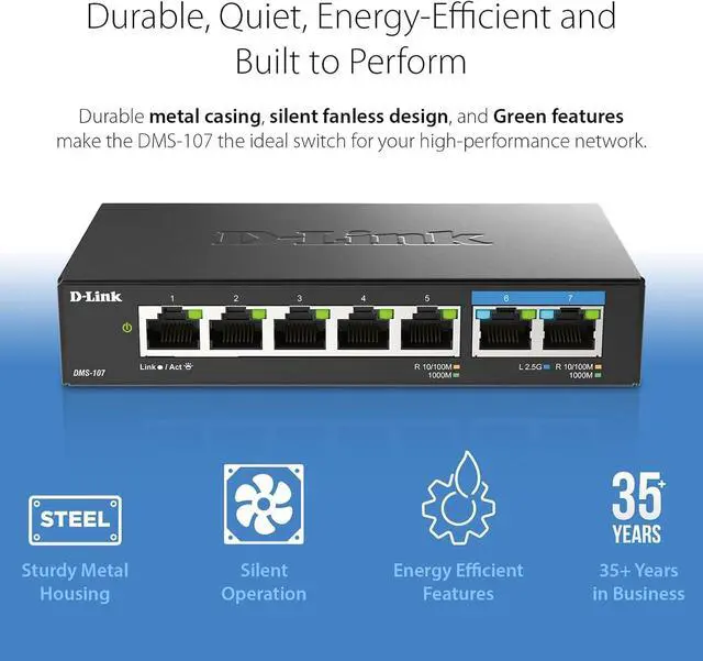 Alt view image 4 of 6 - D-Link 7-Port 2.5GB Unmanaged Gaming Switch with 2 x 2.5G, 5 x 10/100/1000 Mbps - Multi-Gig, Network, Fanless, Plug & Play (DMS-107) Black