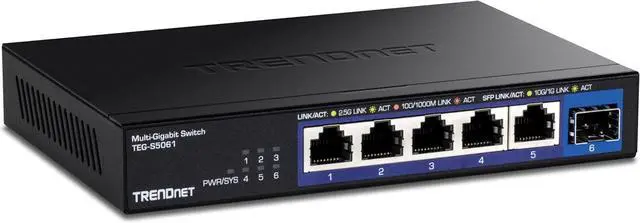 Main image of TRENDnet 6-Port Unmanaged 2.5G Switch with 10G SFP+Port, TEG-S5061, 5 x 2.5GBASE-T Ports, 45Gbps SwitchingCapacity, Fanless, Wall Mountable,Lifetime Protection,Black