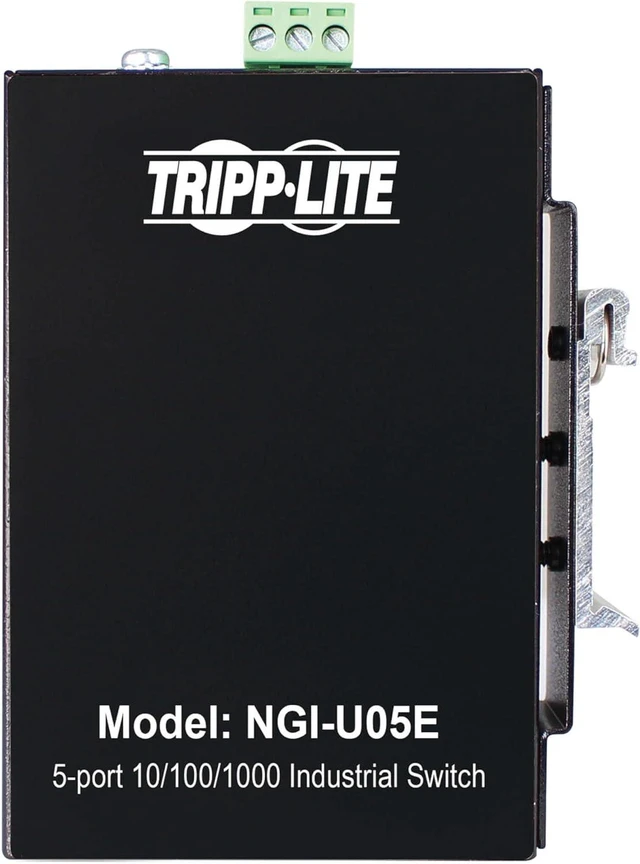 Main image of Tripp Lite 5-Port Industrial Gigabit Ethernet Switch with Ethernet/IP Quality of Service (EIP QoS), Unmanaged, DIN Rail & Wall Mounting, -40° to 75°C Temperature Range, 3-Year Warranty (NGI-U05E)