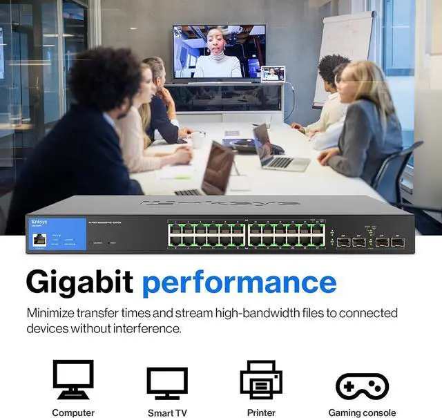 Alt view image 4 of 7 - Linksys 24 Port Gigabit Managed Network Switch with 4 x 1Gb Uplink SFP Slots - PoE / PoE+ Ports, QoS, Static Routing, VLAN, IGMP Features - Metal Housing, Desktop or Wall Mount - LGS328PC