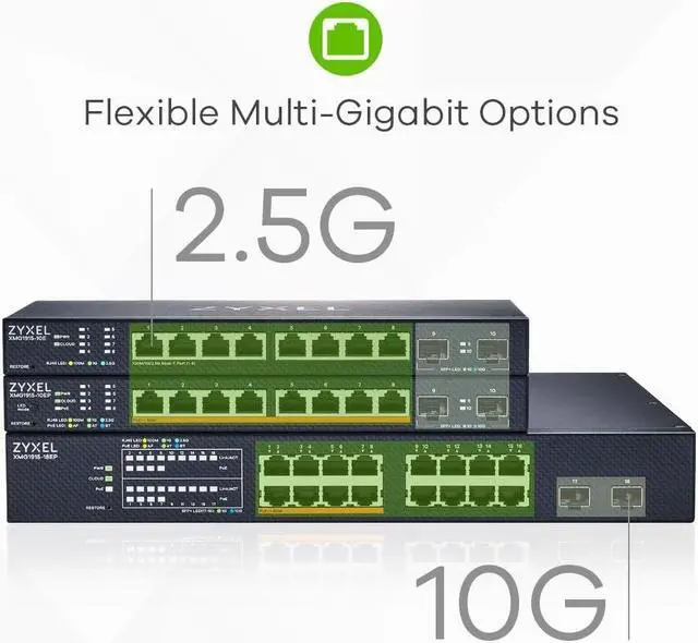 Alt view image 4 of 7 - Zyxel 16-Port 2.5 Multi-Gig Switch | Cloud/Smart managed | PoE++ @180W | 8 x PoE++ (60W) | 2 x 10G SFP+ | Rack mount [XMG1915-18EP]