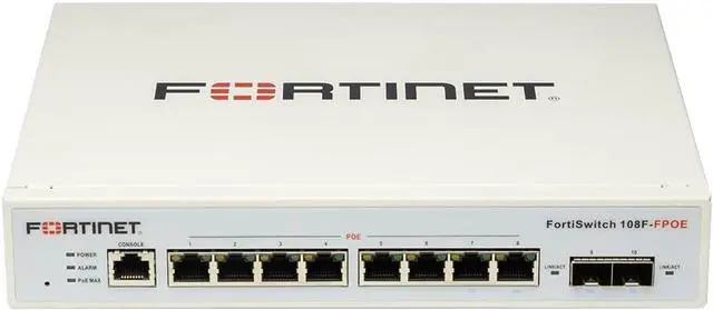 Main image of Fortinet FortiSwitch 108F-FPOE Layer 2 Switch. Managed. 8XGE Port, 2X SFP Port, 1X RJ45 Port. Fanless Design