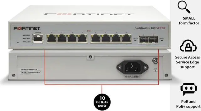 Alt view image 2 of 7 - Fortinet FortiSwitch 108F-FPOE Layer 2 Switch. Managed. 8XGE Port, 2X SFP Port, 1X RJ45 Port. Fanless Design