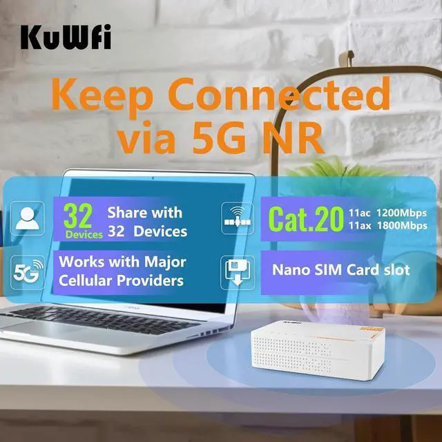 Alt view image 2 of 7 - KuWFi 5G Router with Sim Card Slot, Unlocked, AX3600 Wireless 5G Wi-Fi 6 Mobile Hotspot, Dual Band, Gigabit, Portable, 4000mAh Battery & DC Powered
