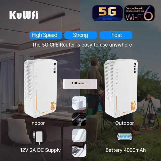 Alt view image 3 of 7 - KuWFi 5G Router with Sim Card Slot, Unlocked, AX3600 Wireless 5G Wi-Fi 6 Mobile Hotspot, Dual Band, Gigabit, Portable, 4000mAh Battery & DC Powered