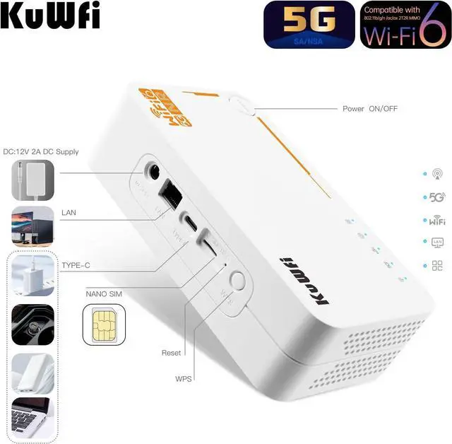 Alt view image 5 of 7 - KuWFi 5G Router with Sim Card Slot, Unlocked, AX3600 Wireless 5G Wi-Fi 6 Mobile Hotspot, Dual Band, Gigabit, Portable, 4000mAh Battery & DC Powered