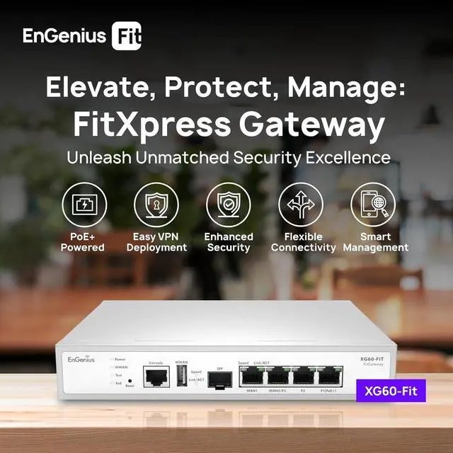 Alt view image 2 of 6 - EnGenius FitXpress XG60-FIT Managed Gateway  Dual-Core 2.1GHz, Dual-WAN GbE, Auto VPN, Load Balancing, WAN Failover, 4X LAN, 1x SFP, USB 3.0, PoE+, Cloud Managed for Small Business