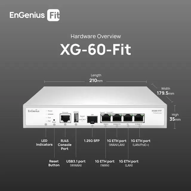 Alt view image 6 of 6 - EnGenius FitXpress XG60-FIT Managed Gateway  Dual-Core 2.1GHz, Dual-WAN GbE, Auto VPN, Load Balancing, WAN Failover, 4X LAN, 1x SFP, USB 3.0, PoE+, Cloud Managed for Small Business
