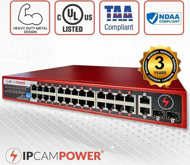 Alt view image 2 of 6 - Unmanaged 24 Port POE Network Switch W/ 2 Gigabit Uplinks, POE+ 30 Watts per Port, 360 Watts Total Budget, UL Listed, TAA Compliant
