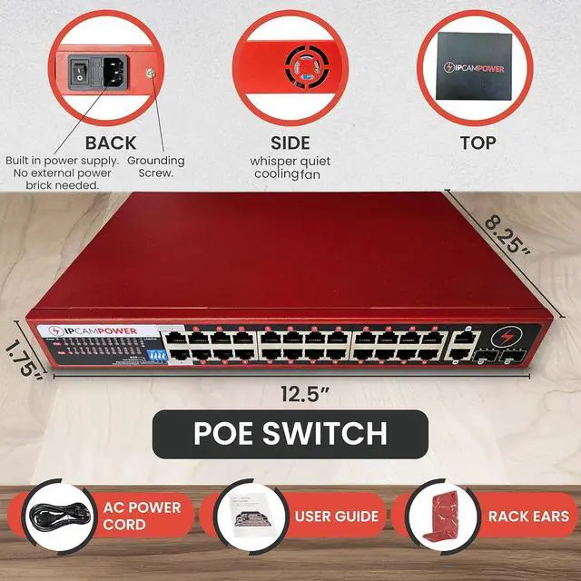 Alt view image 5 of 6 - Unmanaged 24 Port POE Network Switch W/ 2 Gigabit Uplinks, POE+ 30 Watts per Port, 360 Watts Total Budget, UL Listed, TAA Compliant