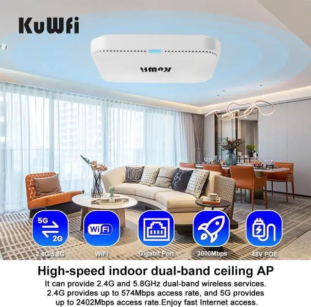 Alt view image 7 of 7 - KuWFi WiFi 6 AX3000 Ceiling Mount Access Point, Long Range Ceiling Mounted WiFi 6 Wireless Access Point Dual Band POE Access Point 2x2 MU-MIMO | Seamless Roaming | Cloud Managed