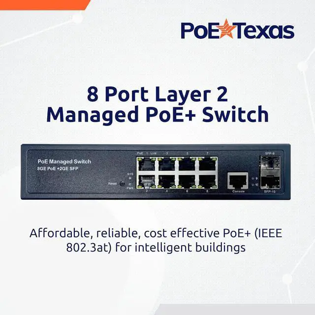 Alt view image 2 of 6 - 8-Port Managed Network Switch - Layer 2 PoE+ Managed Switch (IEEE 802.3at) - Shelf Mount 150W Gigabit 1 Gig Power Over Ethernet for Intelligent Buildings - Smart Support, IGMP, VLAN, QoS, DHCP