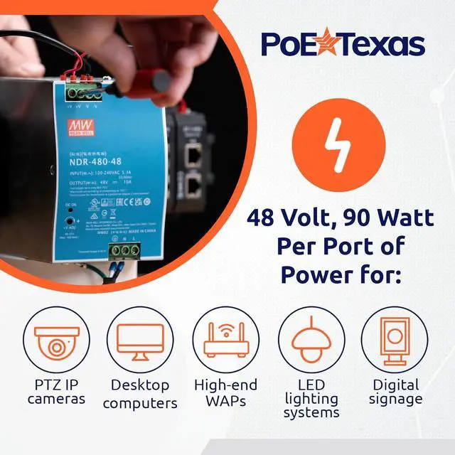 Alt view image 4 of 7 - PoE Texas 6-Port 2.5 Gigabit PoE++ Injector with 90W Per Port, Up to 328 Ft - 10/100/1000/2500Mbps Wall Mount or DIN Rail Mount 802.3af/at/bt PoE Injector - Includes 48 Volt 480 Watt Power Supply