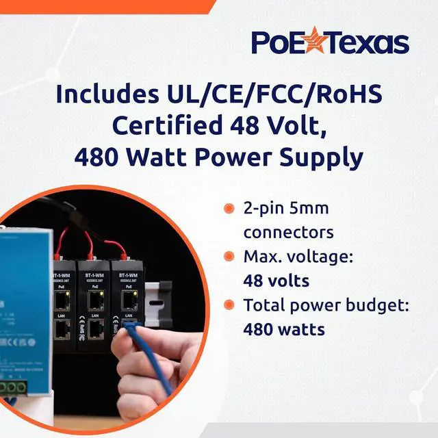 Alt view image 6 of 7 - PoE Texas 6-Port 2.5 Gigabit PoE++ Injector with 90W Per Port, Up to 328 Ft - 10/100/1000/2500Mbps Wall Mount or DIN Rail Mount 802.3af/at/bt PoE Injector - Includes 48 Volt 480 Watt Power Supply
