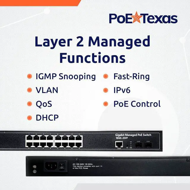 Alt view image 5 of 6 - 16-Port Rackmount Managed Network Switch - Layer 2 PoE+ Managed Switch (IEEE 802.3at) - 350W Gigabit 1 Gig Power Over Ethernet for Intelligent Buildings - Smart Support, IGMP, VLAN, QoS, DHCP